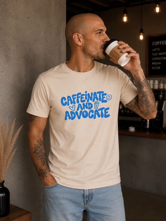 Adults Unisex ‘Caffeinate and Advocate’ Fitted style T-Shirt